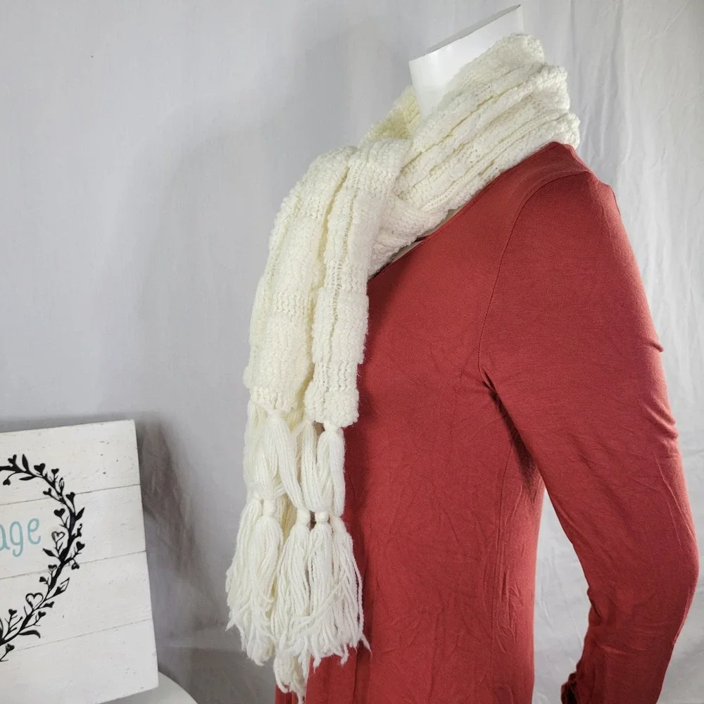 Cream White Textured Knit Scarf with Braided Tassel Fringe‎ Bohemian Wrap
